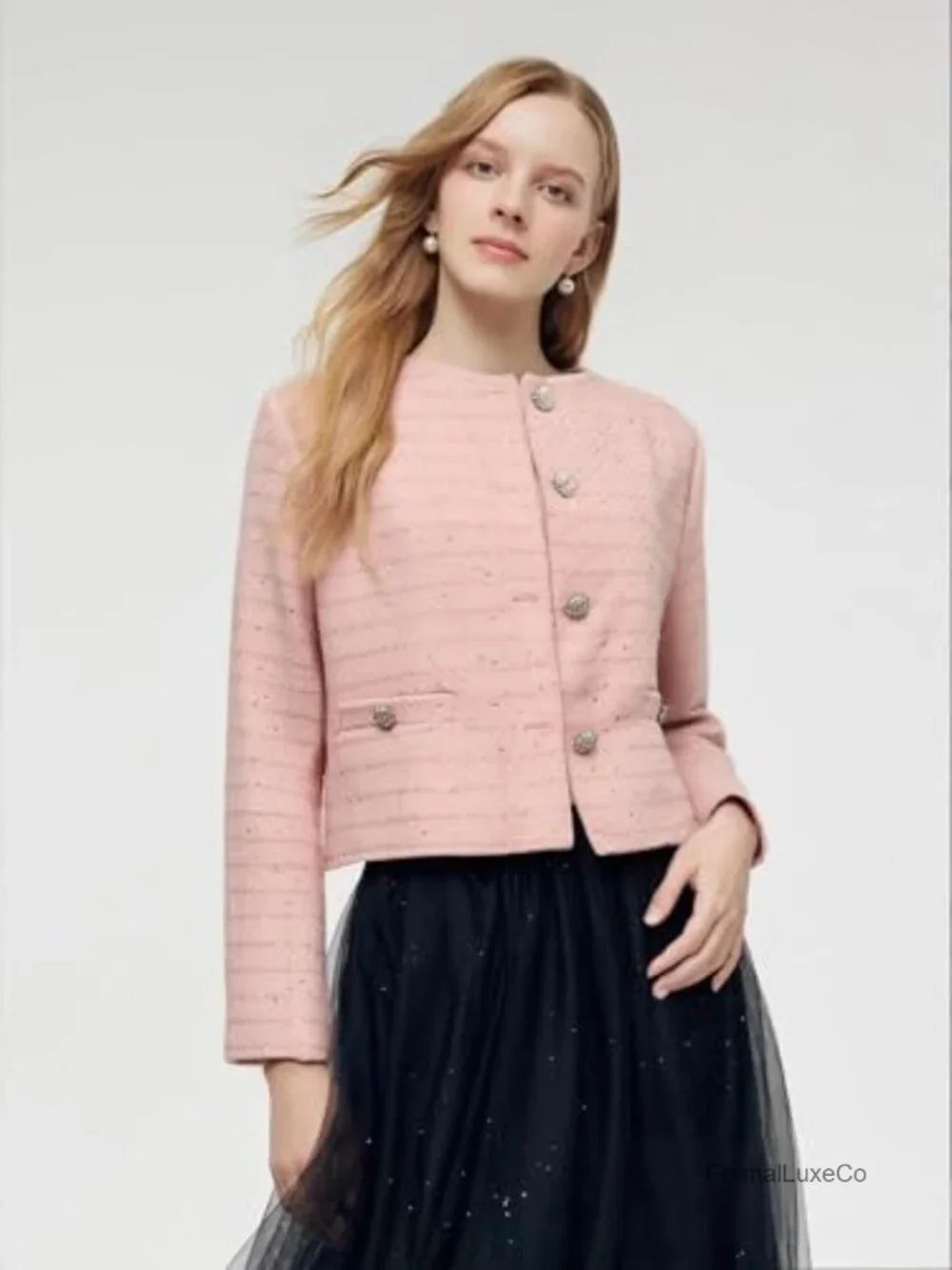 Tweed Blazer Long Sleeve Open Front Casual Jacket for Work - Picture 3 of 4